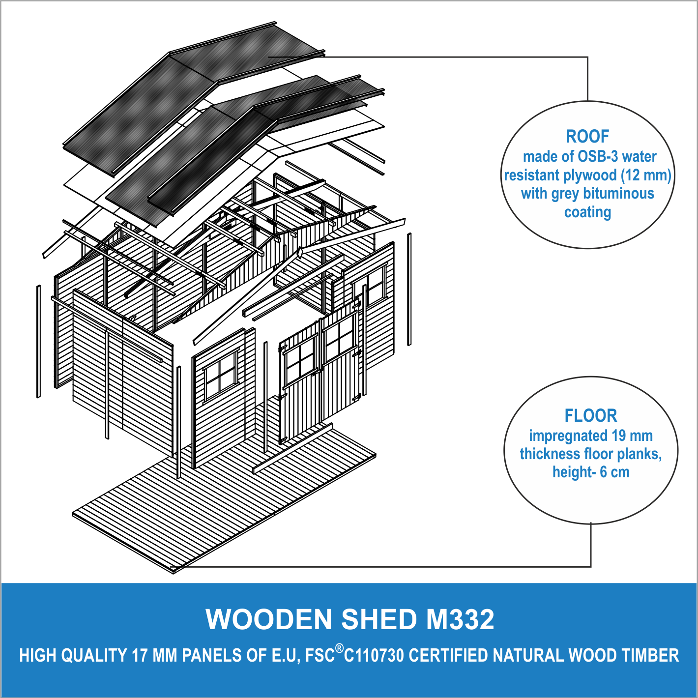 Cobertizo de madera para jardín CON SUELO TRATADO - A246x418x220cm/8m2 Cobertizo de madera natural - Taller de Jardín - TIMBELA M332+M332G - 4
