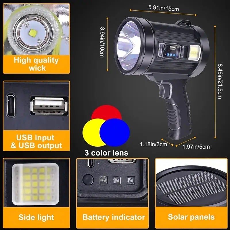 Lampe Torche Rechargeable Puissante Avec Poignée - 6 Modes, Pour Chasse, Camping, Pêche, Extérieur