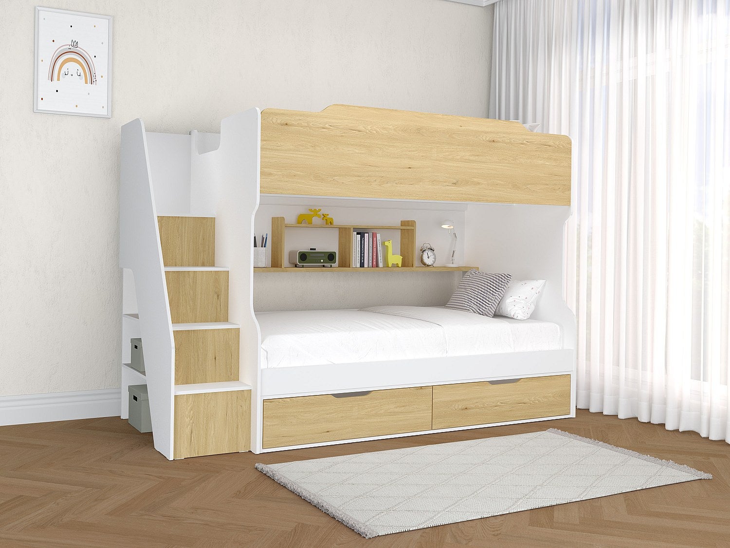 Łóżko piętrowe 90 x 190 cm - Ze schowkami - Biały i naturalny + Materac - YALOVA