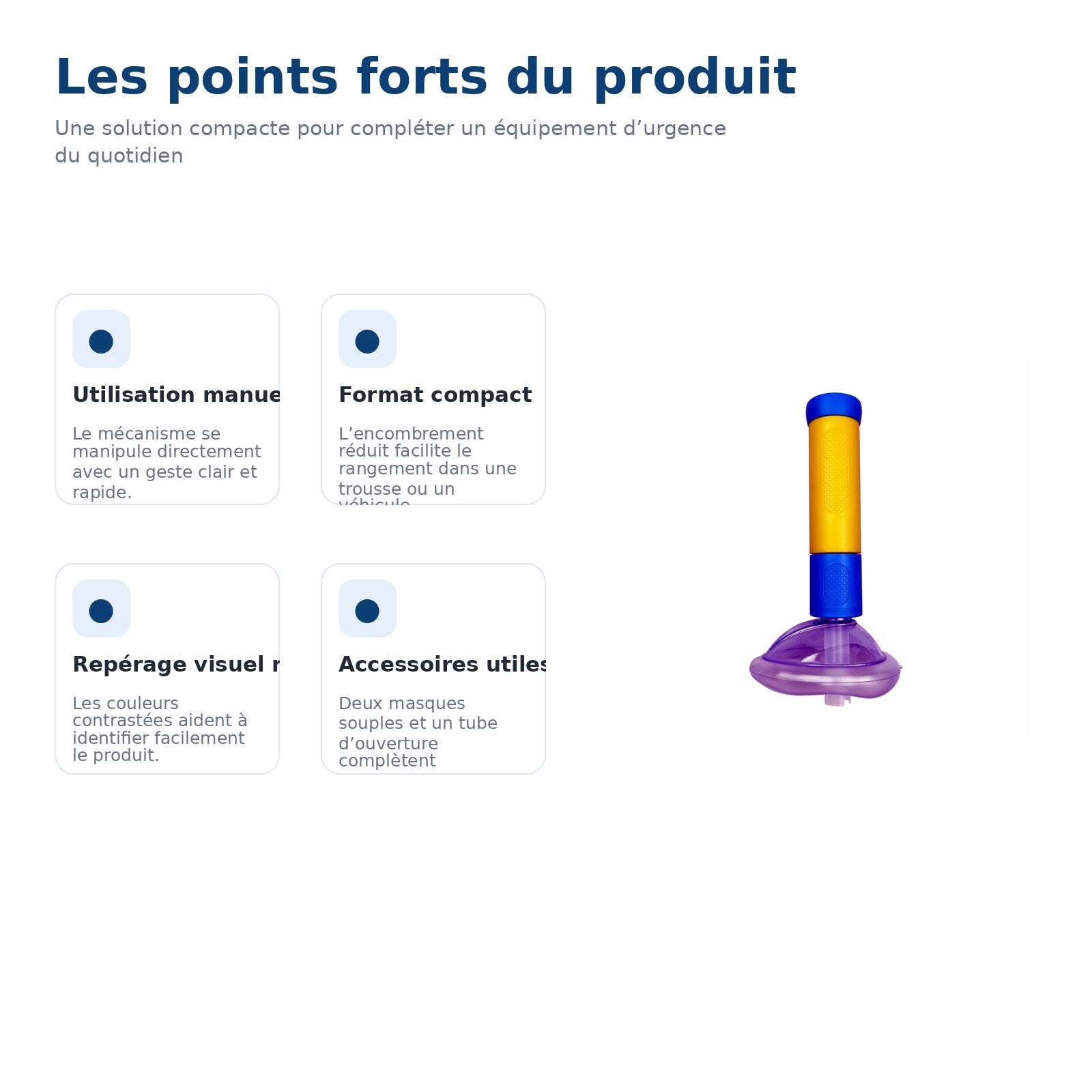 Dispositif de premiers secours à aspiration manuelle avec poignée ergonomique, 2 masques souples et tube d’ouverture - 4