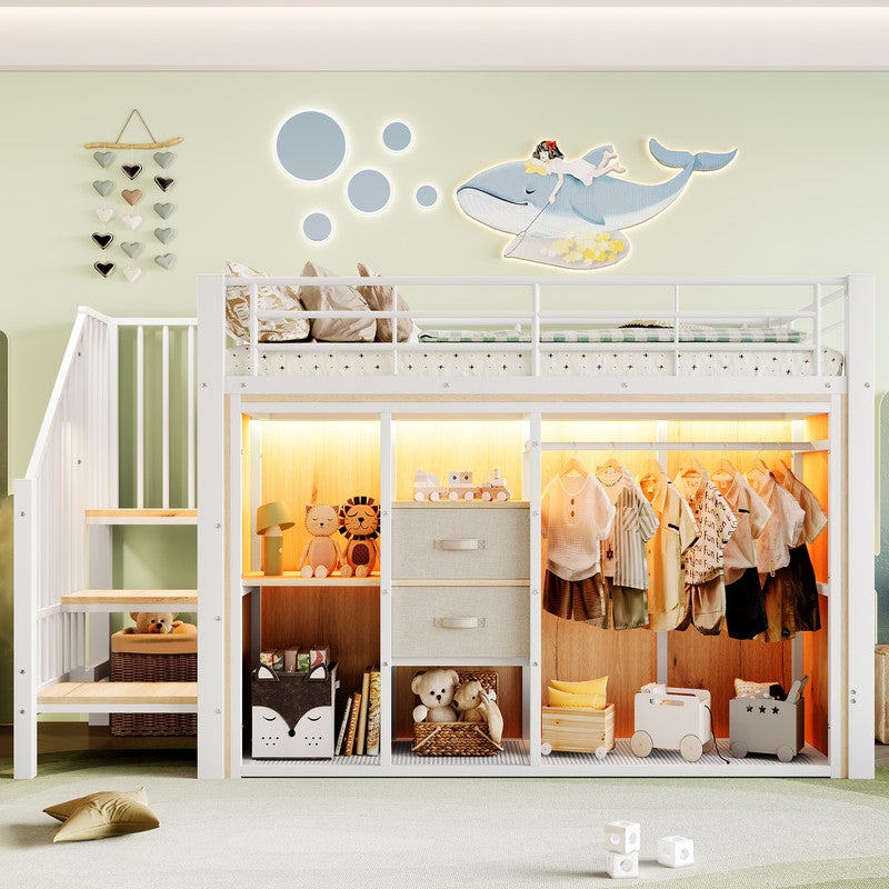 Zravenna - Letto a soppalco 140 x 200 cm, con scala e scala di sicurezza, in metallo, con vano portaoggetti, telaio in ferro e ripiano per bambini