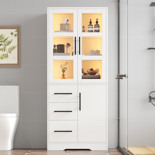 Armario de baño blanco 72x35x170 cm con puertas de vidrio templado, 3 cajones, led regulable mediante aplicación