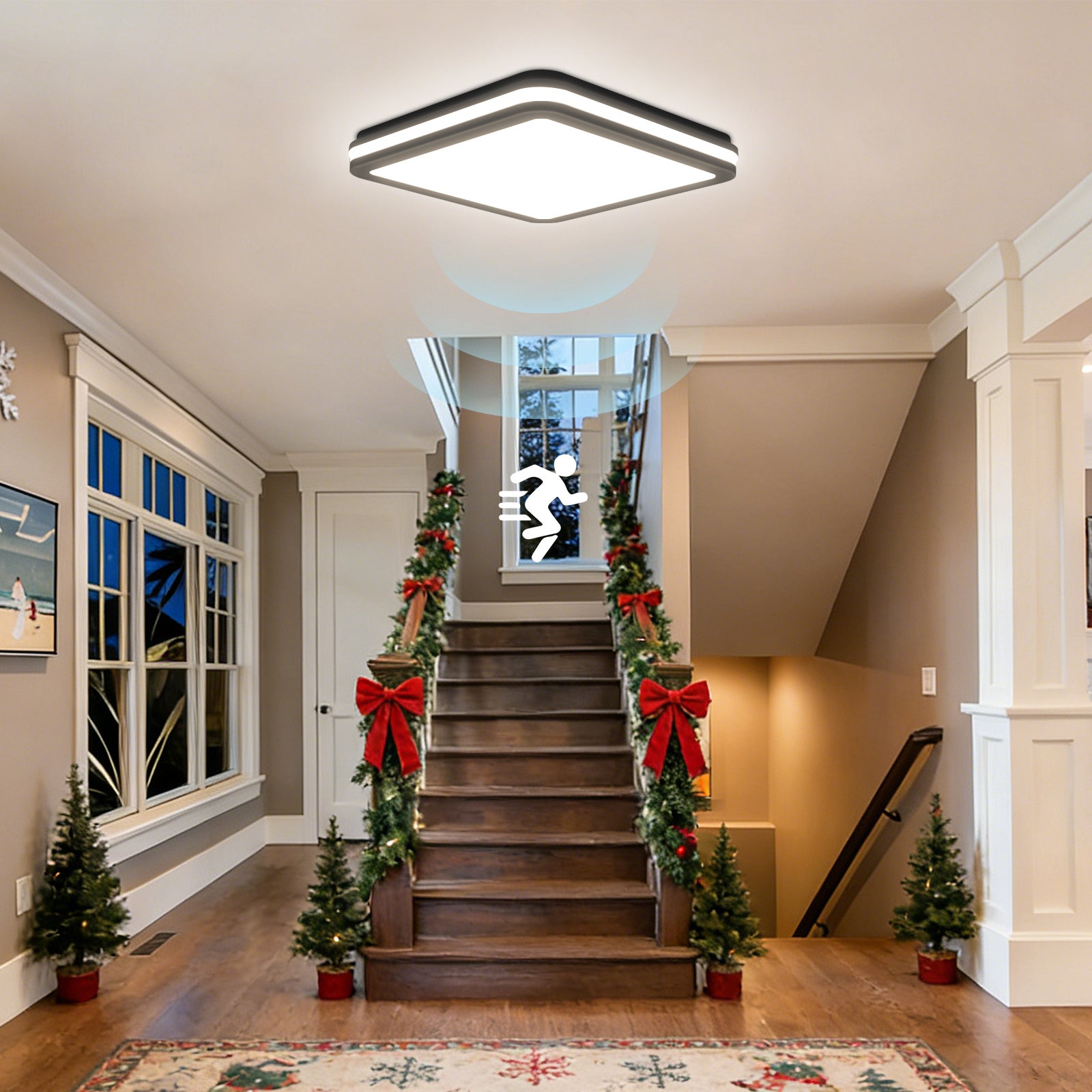 LOVHAUS Plafon LED z Czujnikiem Ruchu 24W 2400LM, Kwadratowa Lampa Sufitowa Czarna IP54, Plafon LED do ﾅ∥zienki Salonu Korytarza