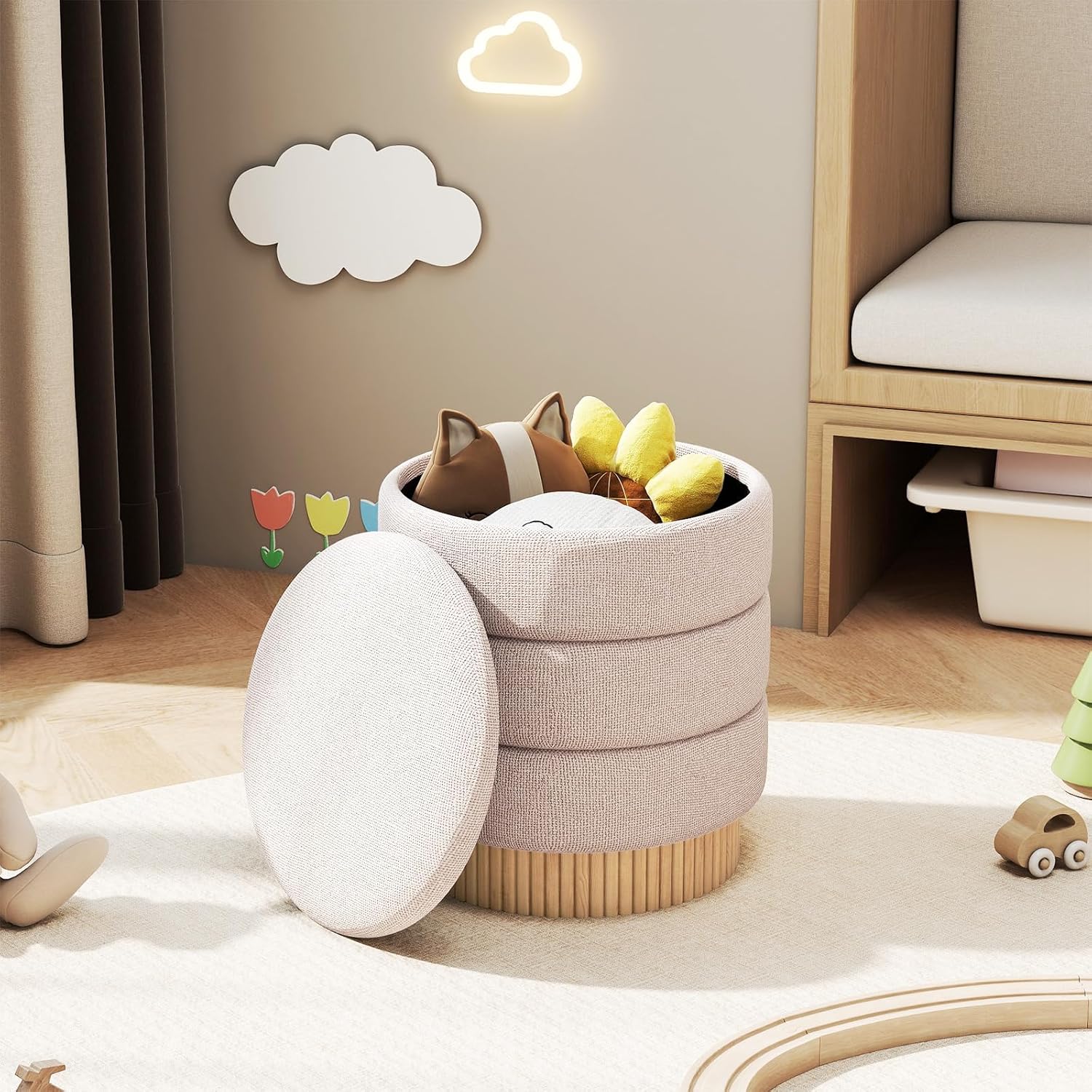 Pouf de rangement tapissé, tabouret de coiffeuse avec couvercle, base en bois de pin, charge de 150 kg, ottoman pour chambre, salon, φ43 x 46 cm - 2