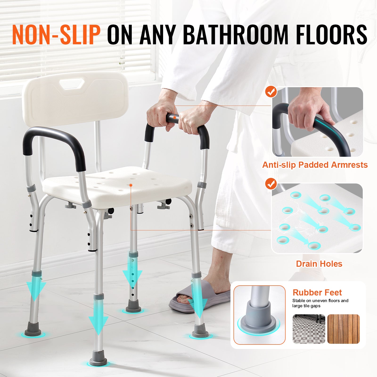 Siège Douche Antidérapant Hauteur Réglable VEVOR 39-52 cm Chaise de Douche 158,8 kg Fauteuil de Bain avec Accoudoirs Dossier Aide la Douche Personnes - 3