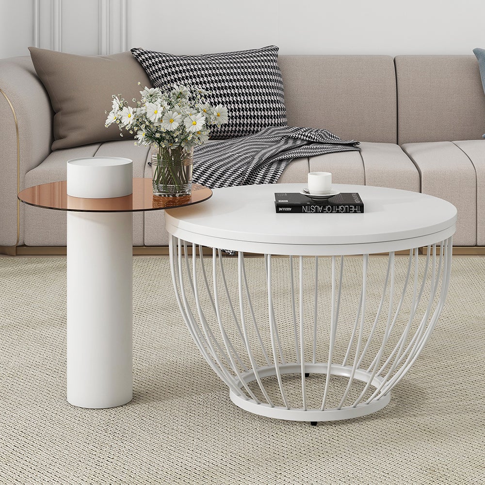 Table d'appoint à 2 niveaux, table d'appoint en forme de C avec cadre en métal, petite table basse avec rangement, table de canapé ronde pour salon, table de chevet pour chambre à