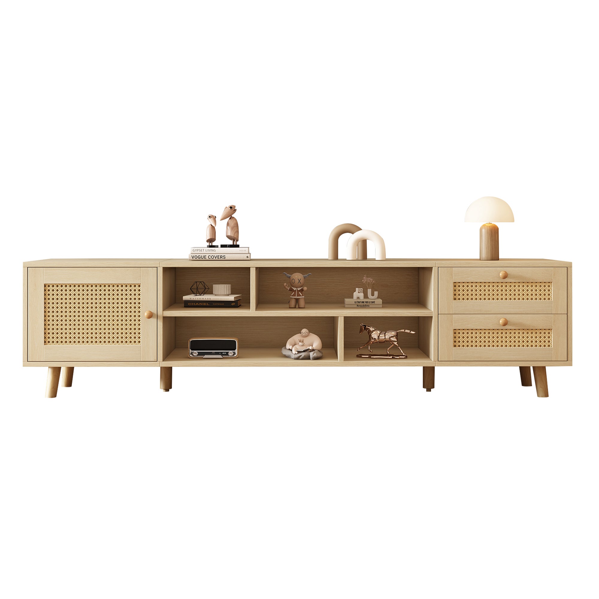 Meuble TV, Banc TV 160 cm avec 2 tiroirs, 1 porte & 4 compartiments, Pour les TV jusqu'à 70