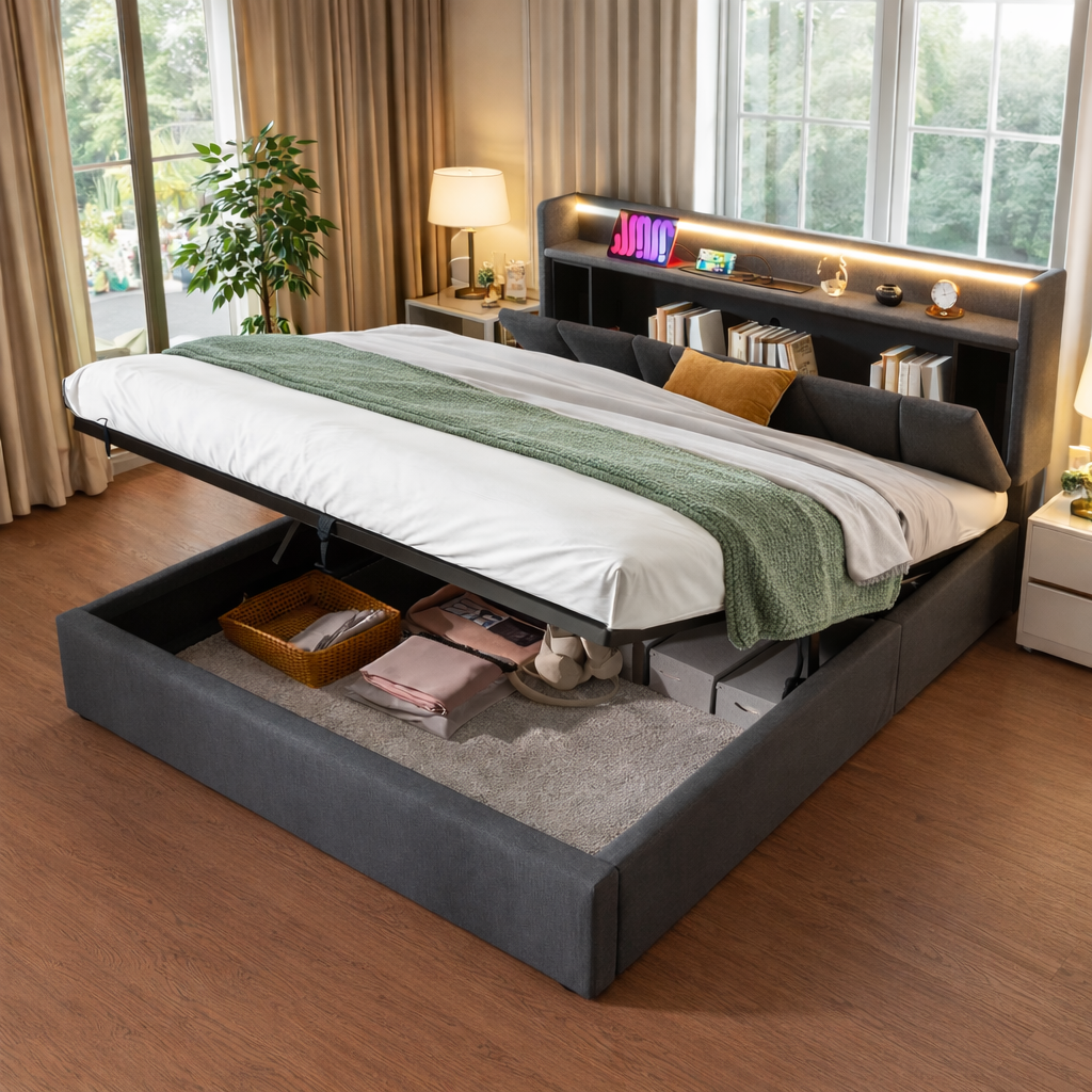 Lit Coffre 160x200 Cm Avec Matelas Beige - Reconditionné, Rangement Intégré