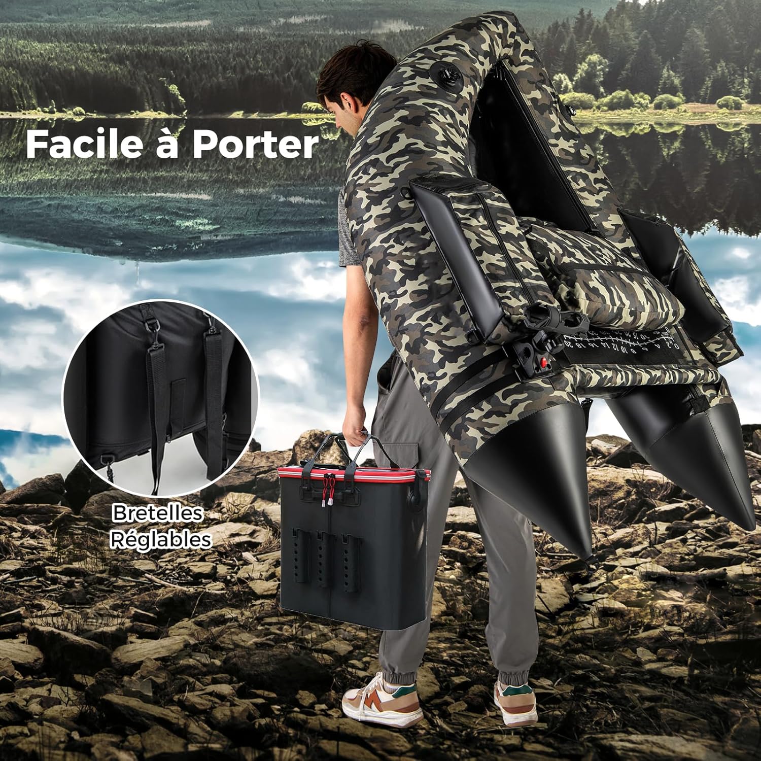 Barco de Pesca Inflável com Encosto e Pagaia, Barco Inflável com Régua para Peixes, Suporte para Cana, Bolsos de Armazenamento, Remos e Bomba. - 8