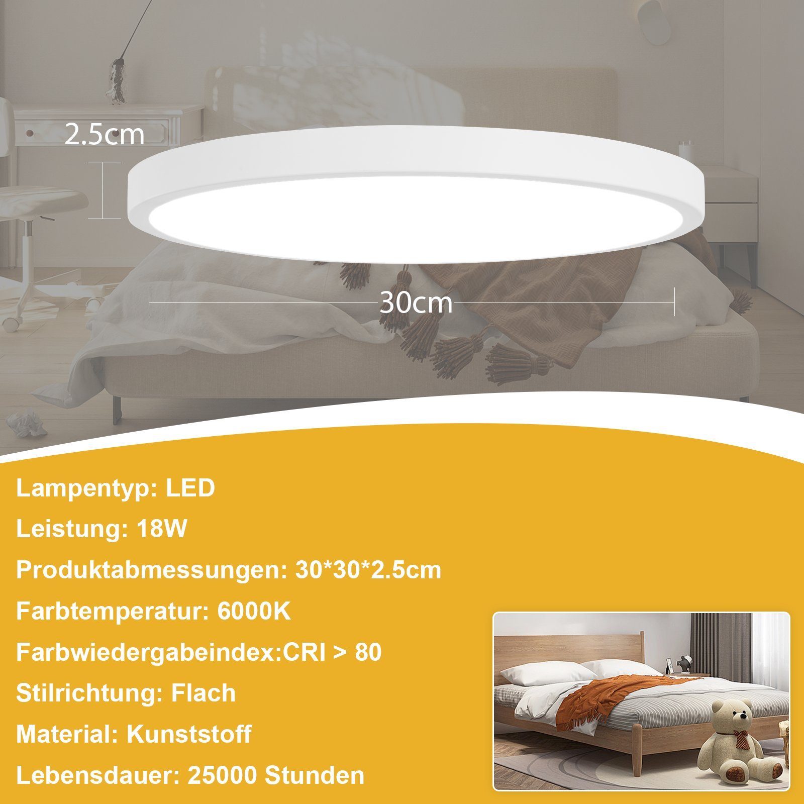 NETTLIFE plafonnier LED salle de bain Ø30cm lampe chambre lampe cuisine plate 4000K 18W lampe salle de bain IP44 - 3