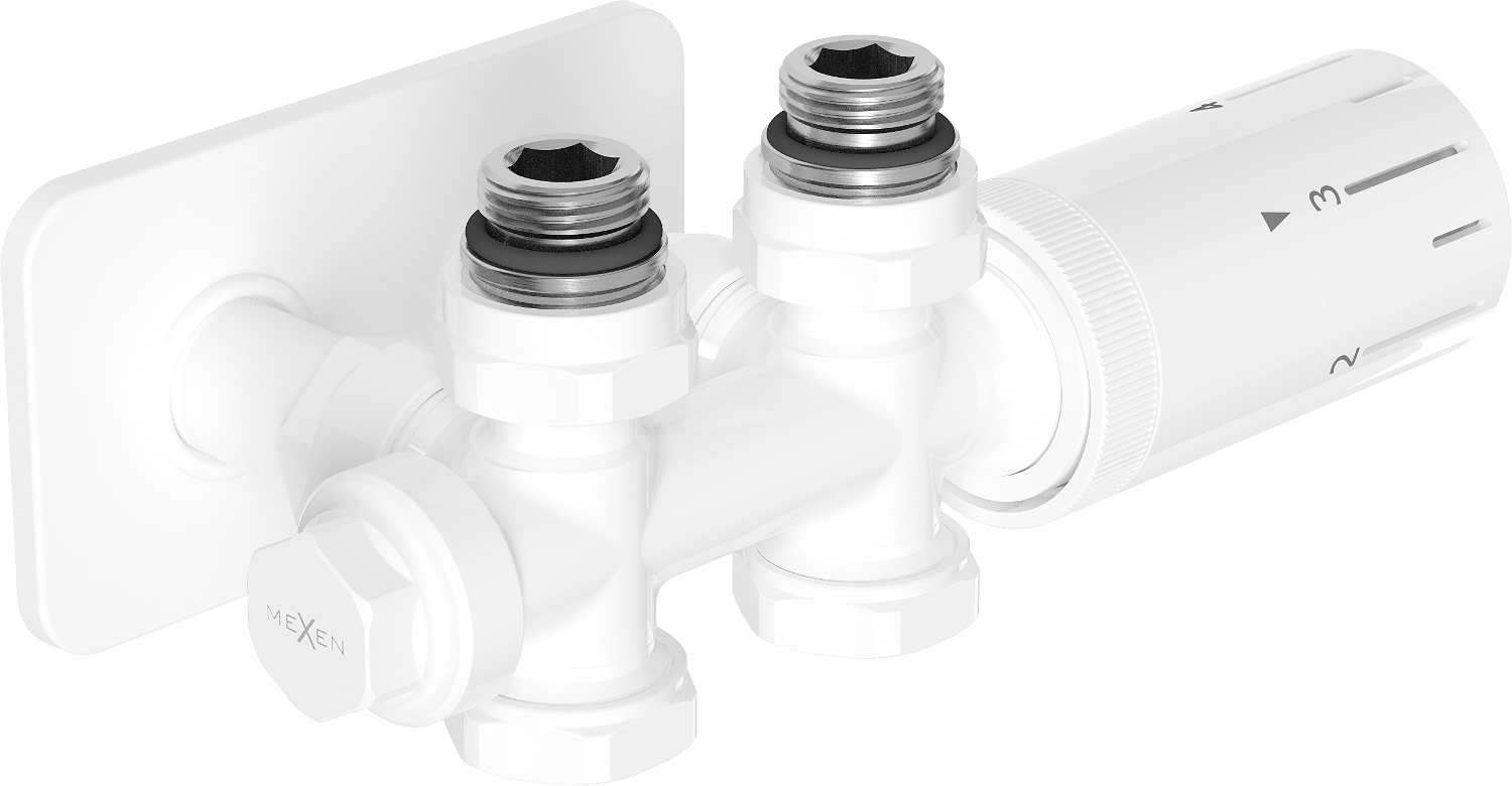 Mexen G05 zestaw termostatyczny kątowy/prosty z maskownicą S, Duplex, DN50, biały - W908-958-910-20