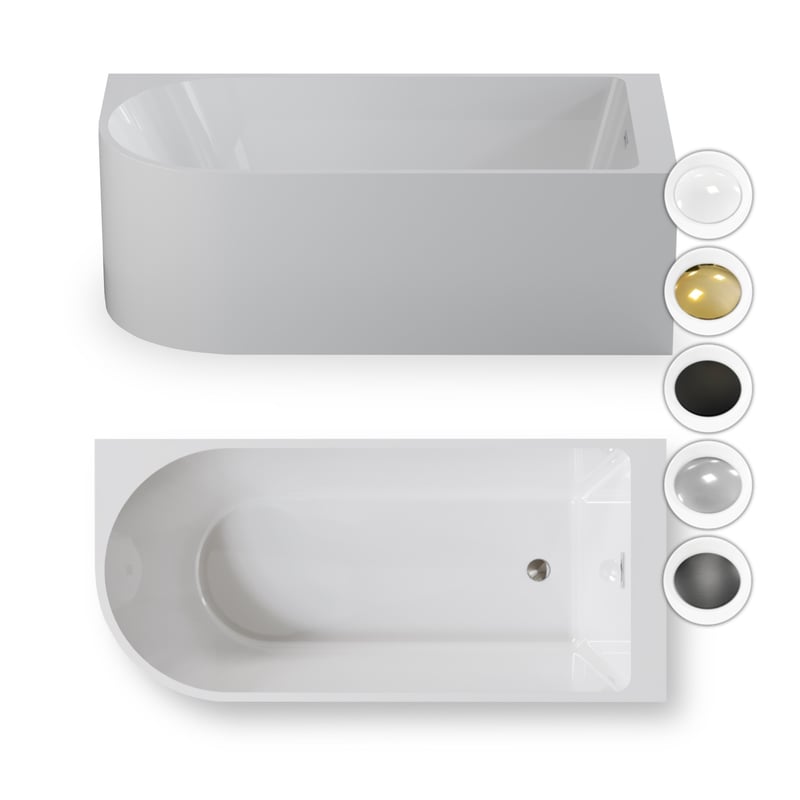 Wanna wolnostojąca przyścienna NAROŻNA PULA PRAWA 160 x 75 cm biała system przelewowy AKCESORIA ZŁOTE (KOREK I PRZELEW)