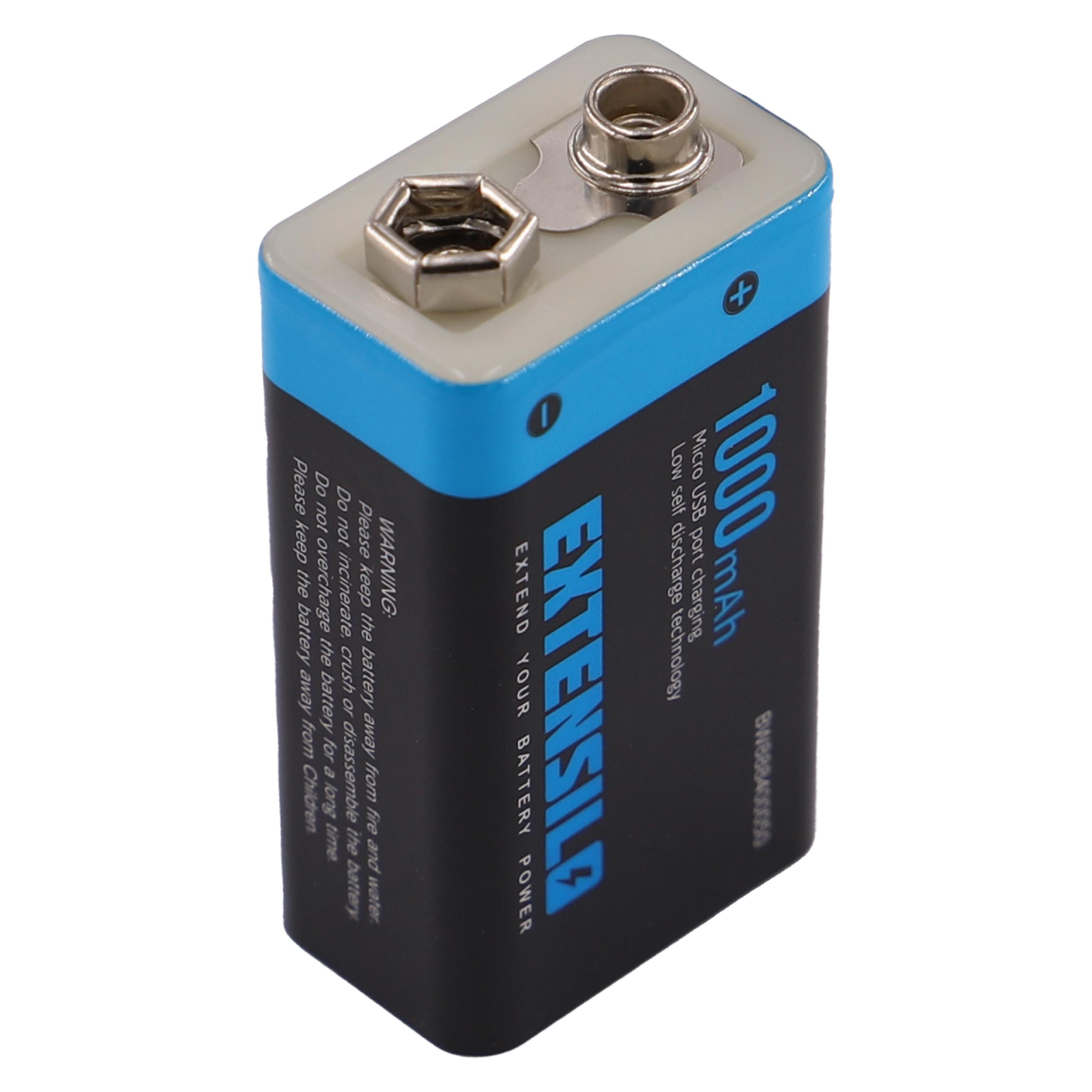 EXTENSILO 2x Piles bloc batterie 9V pour divers appareils (1000mAh, 9V, Li-ion), prête à l'emploi, avec port micro-USB - 2