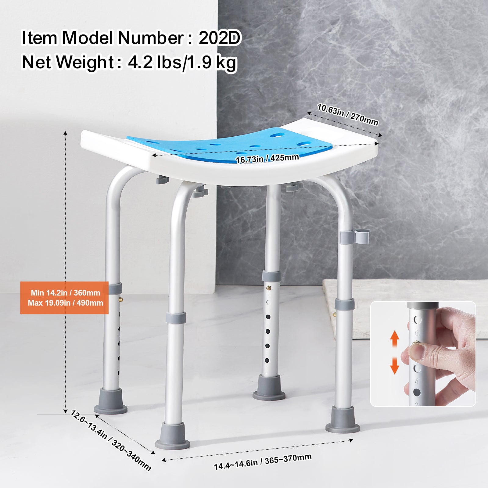 Silla de ducha ajustable,SucceBuy taburete antideslizante,capacidad 158,8 kg,ideal para personas mayores y discapacitadas - 8