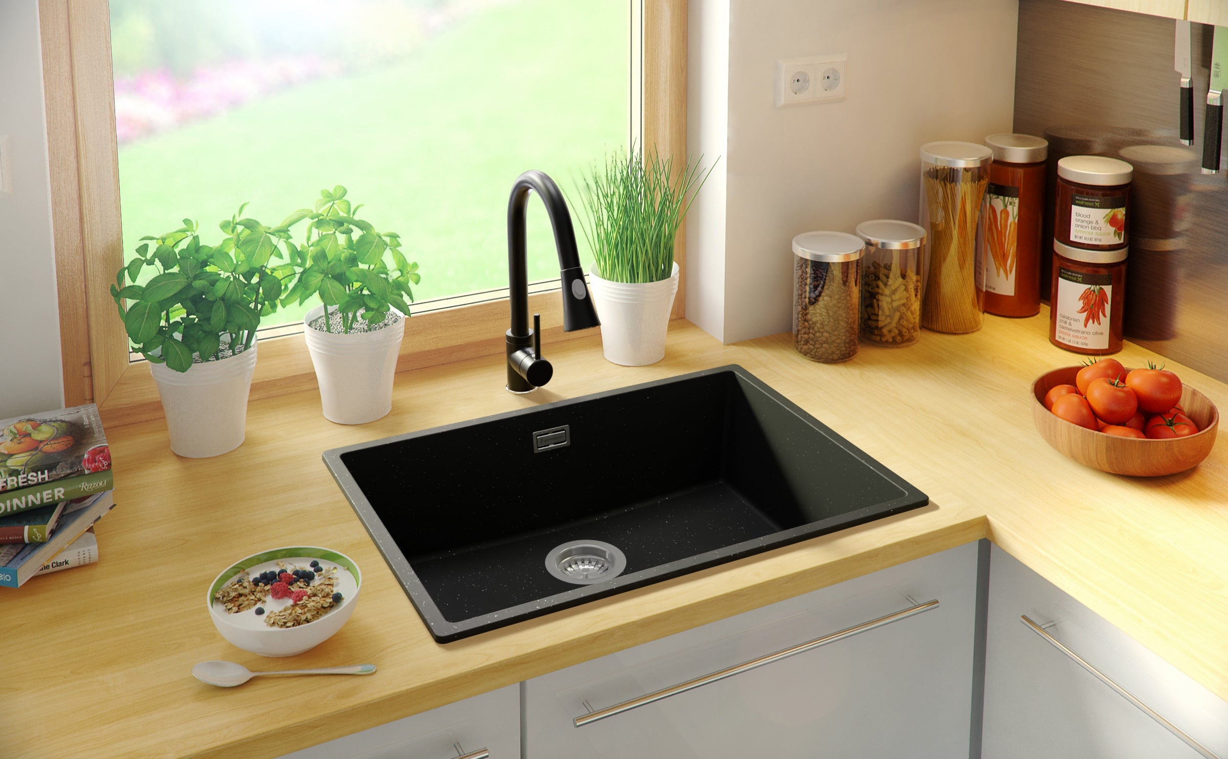 Evier Cuisine en Granit Noir Métallisé 66x47cm, Lavabo 1 bac + Kit de Vidage, Évier à Encastrer au meuble 70cm - London Slim PRIMAGRAN - 9