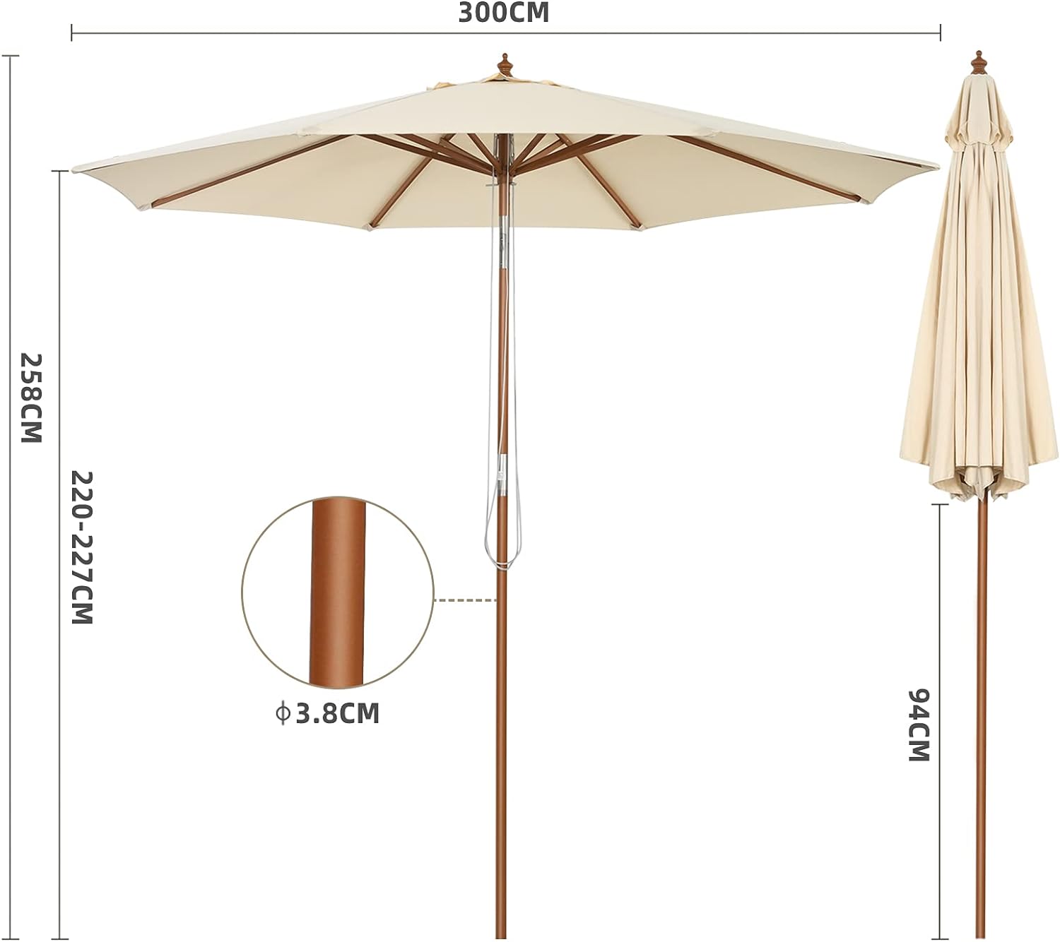 Ø3Mx H2,58M Parasol Déporté 8 Baleines en Bois avec Manivelle, Poteau de Parapluie Inclinable, pour Pare-Soleil de Plusieurs Angles - 2