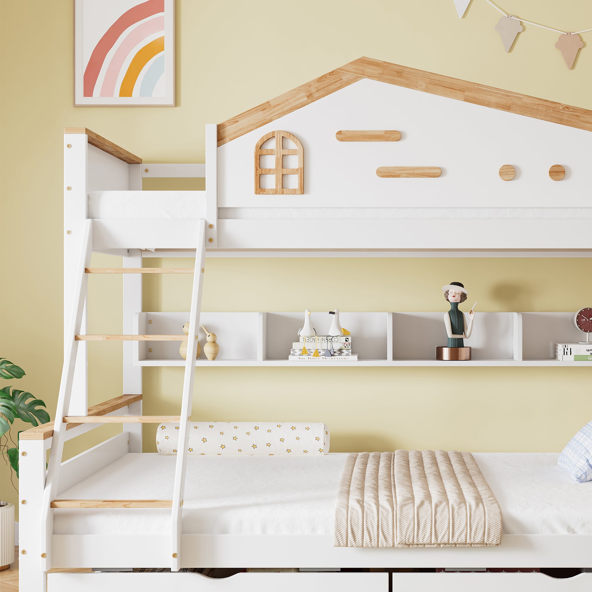 Lit superposé 90x200cm (bois massif blanc) : forme maison, barrière sécurité, coffre+étagères