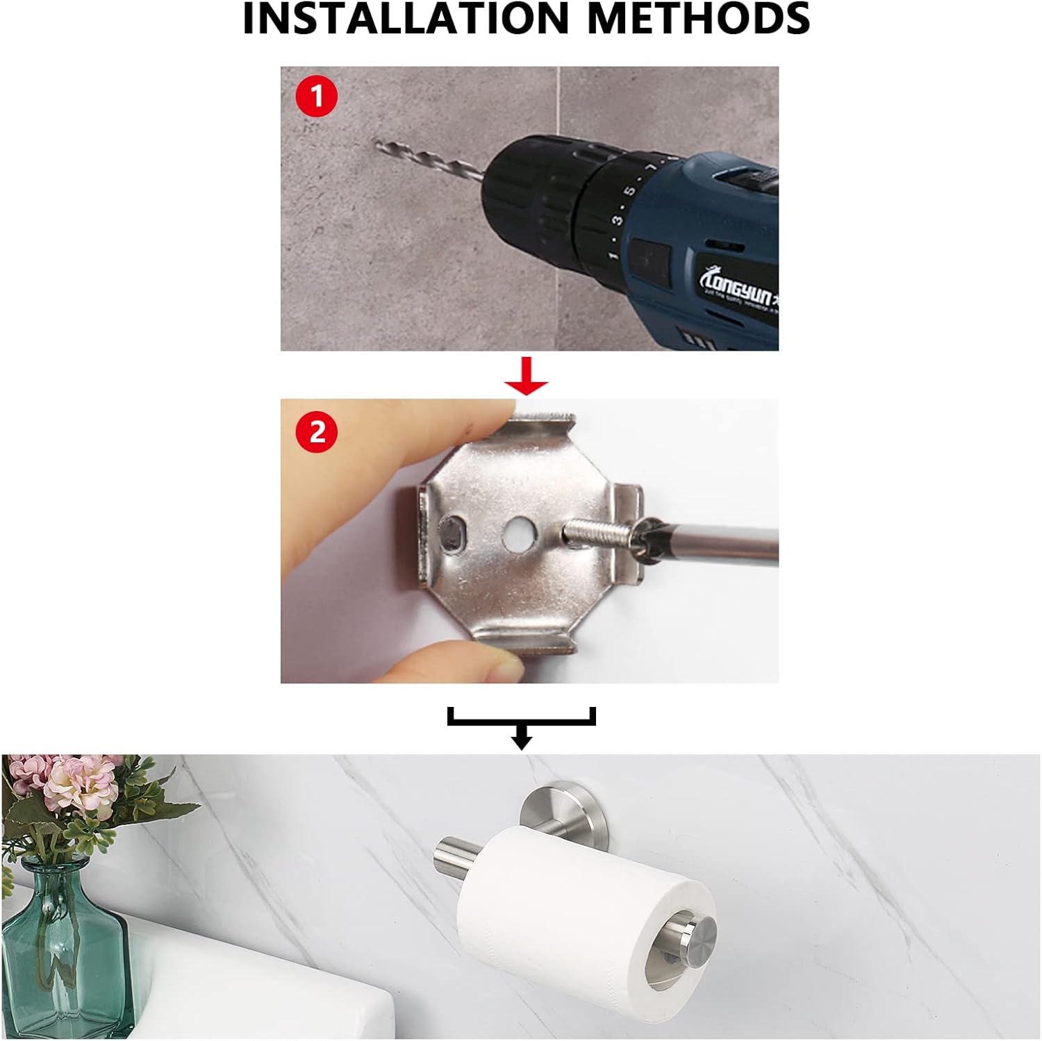 Porte-papier toilette pour salle de bain, acier inoxydable SUS304 de haute qualité, mural (paquet de 1, argent) - 6