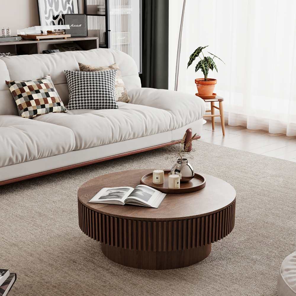 Table basse ronde 75 cm avec rangement, plateau en bois massif plaqué, design moderne et fonctionnel pour salon, chambre ou bureau - 5