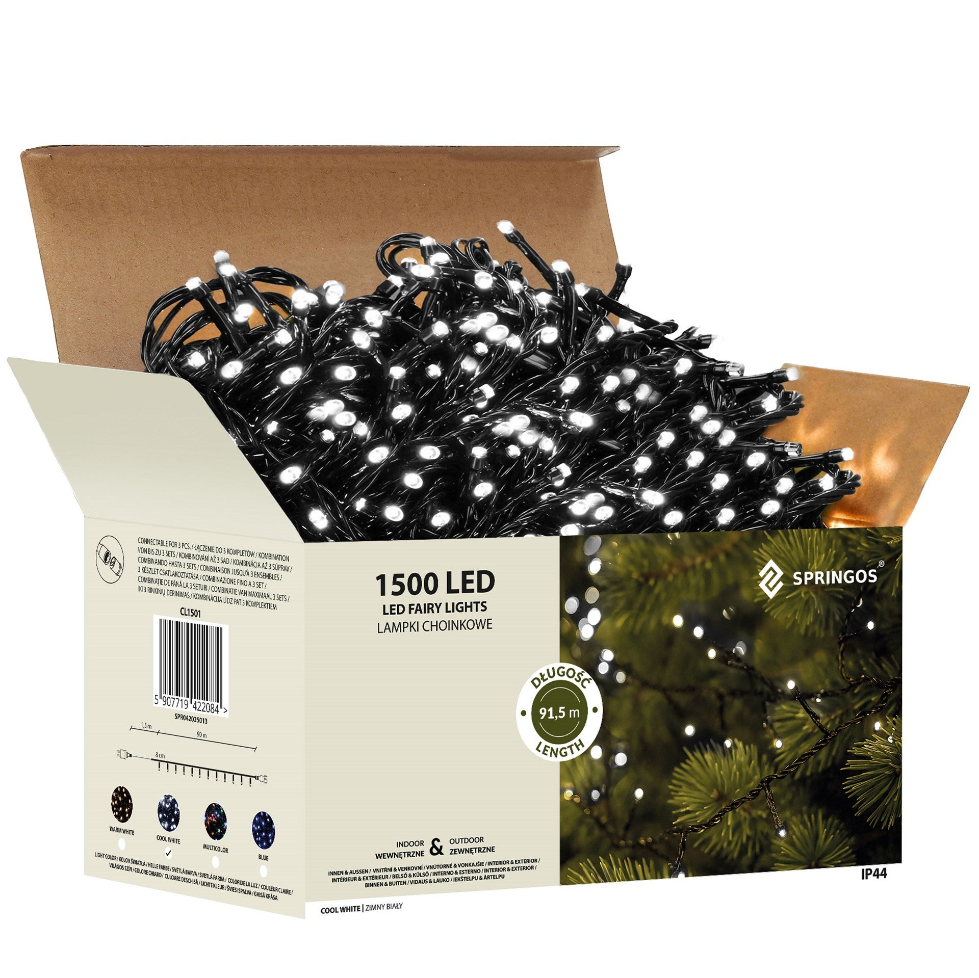 Instalatie lumini pentru bradul de Craciun, 91,5 metri, 1500 LED-uri, alb rece