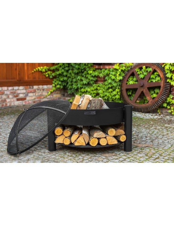 Brasero de jardin SOLAFA avec range bois en acier + pare-feu-Noir-Noir-Ø 70cm--45--45 - 2