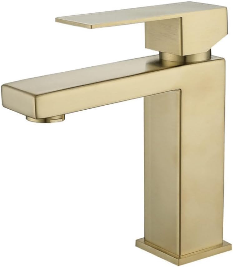 Bateria umywalkowa ze stali nierdzewnej do łazienki, montowana na blacie, pojedynczy kwadratowy uchwyt, pojedynczy otwór, złoty, 16,4 × 15 cm