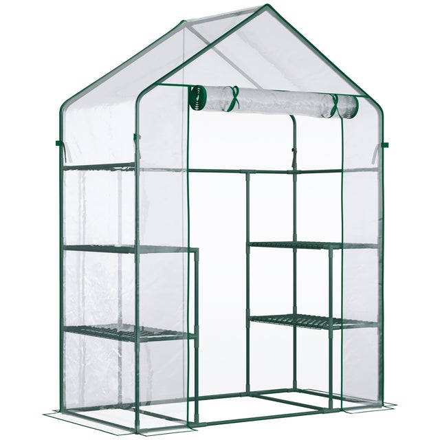 Mini-serre de 142 x 74 x 196 cm, serre de jardin avec 4 étagères, porte enroulable et bâche résistante aux intempéries, vert foncé