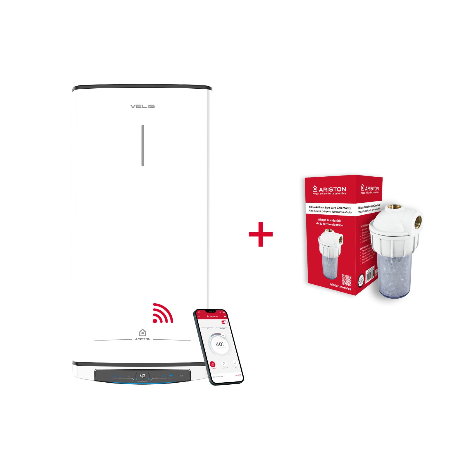 Ariston Termo Eléctrico Inteligente, Velis Pro Wifi 100L + Filtro Antical, Vertical U Horizontal, Clase Energetica B - Imagen 2