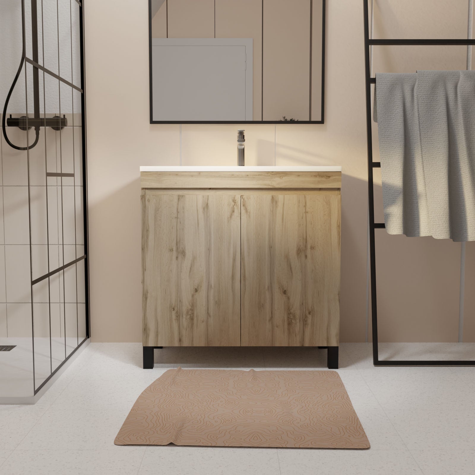 Mueble de baño 60cm 2 puertas aspecto roble natural y lavabo blanco