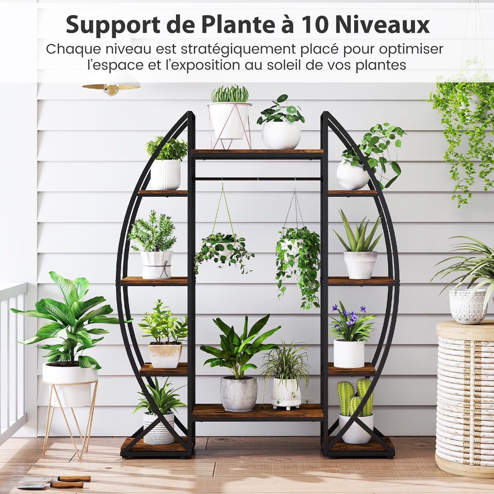 Support de Plante Métallique d'Angle à 10 Étagères Ouvertes, Étagère à Fleur avec Lumière de Croissance, Support Pot de Fleur pour Balcon Salon,Marron - 5