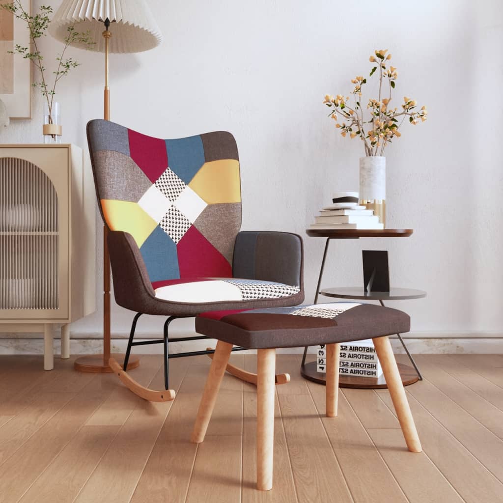Silla mecedora | sillón balancín relax | sillón de salón con reposapiés tela patchwork cfw880444