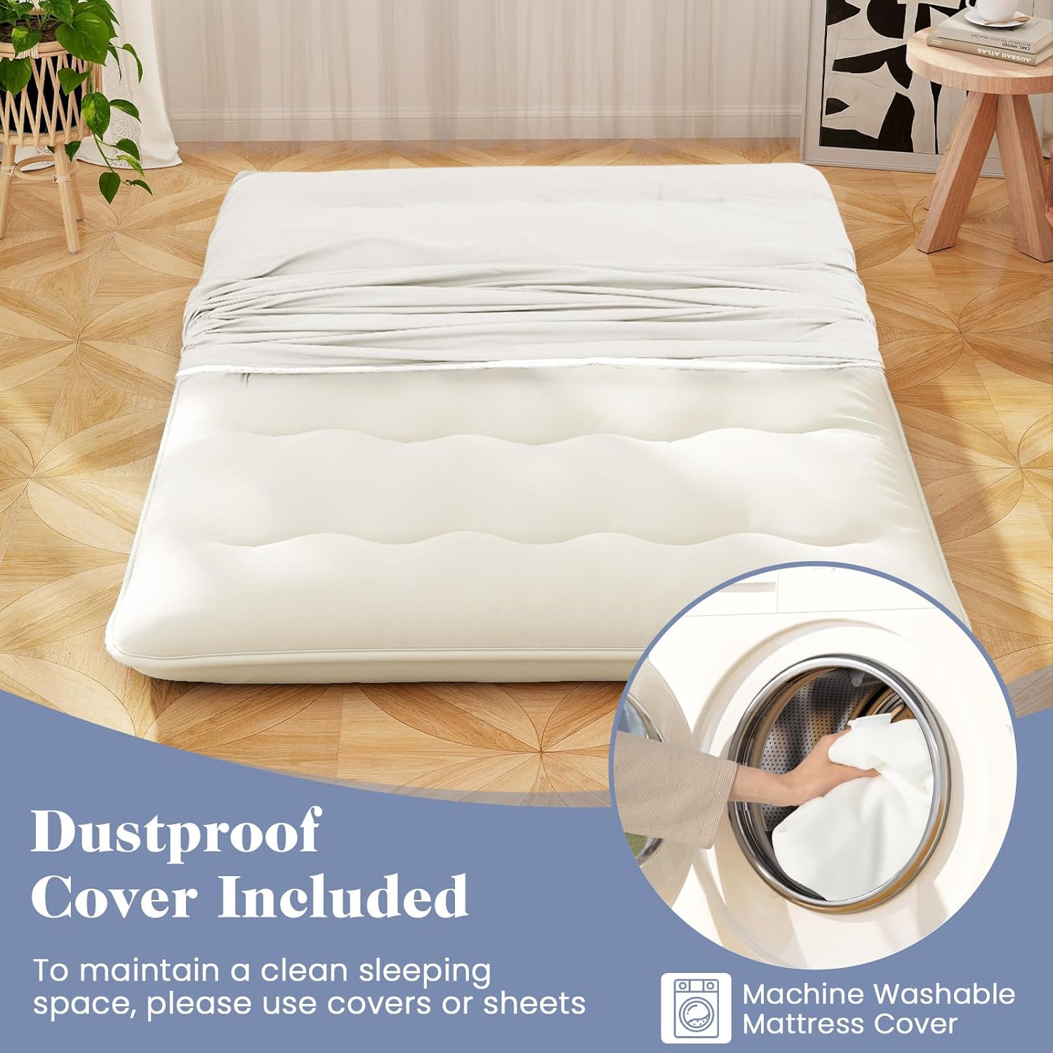 Składany materac futon, japoński materac futon 140 x 200 cm, zmywalny pokrowiec, dla gości (beżowy) - 7