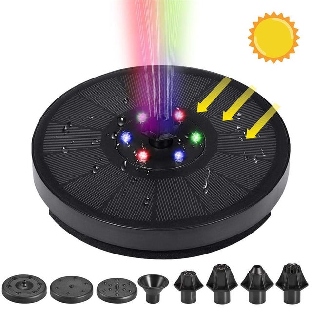 Fontaine solaire, pompe à eau flottante à énergie solaire 3W avec 8 buses et 4 fixateurs, fontaine solaire pour bain d'oiseaux avec LED (colorée)