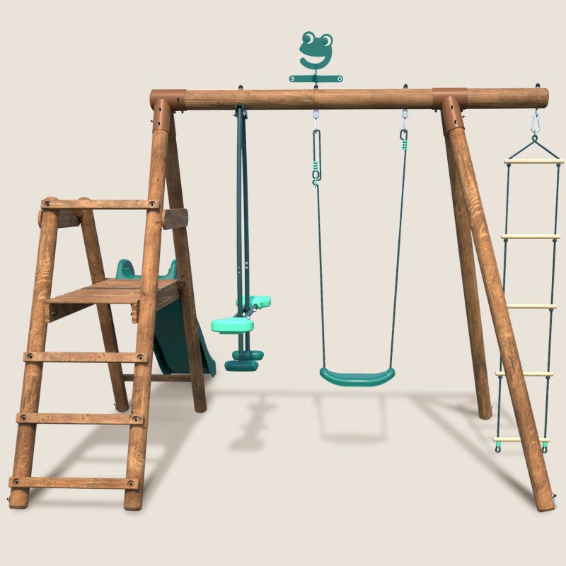 Portique en bois rond 3 agrès avec face à face, échelle et toboggan bas MÛRIER - 2