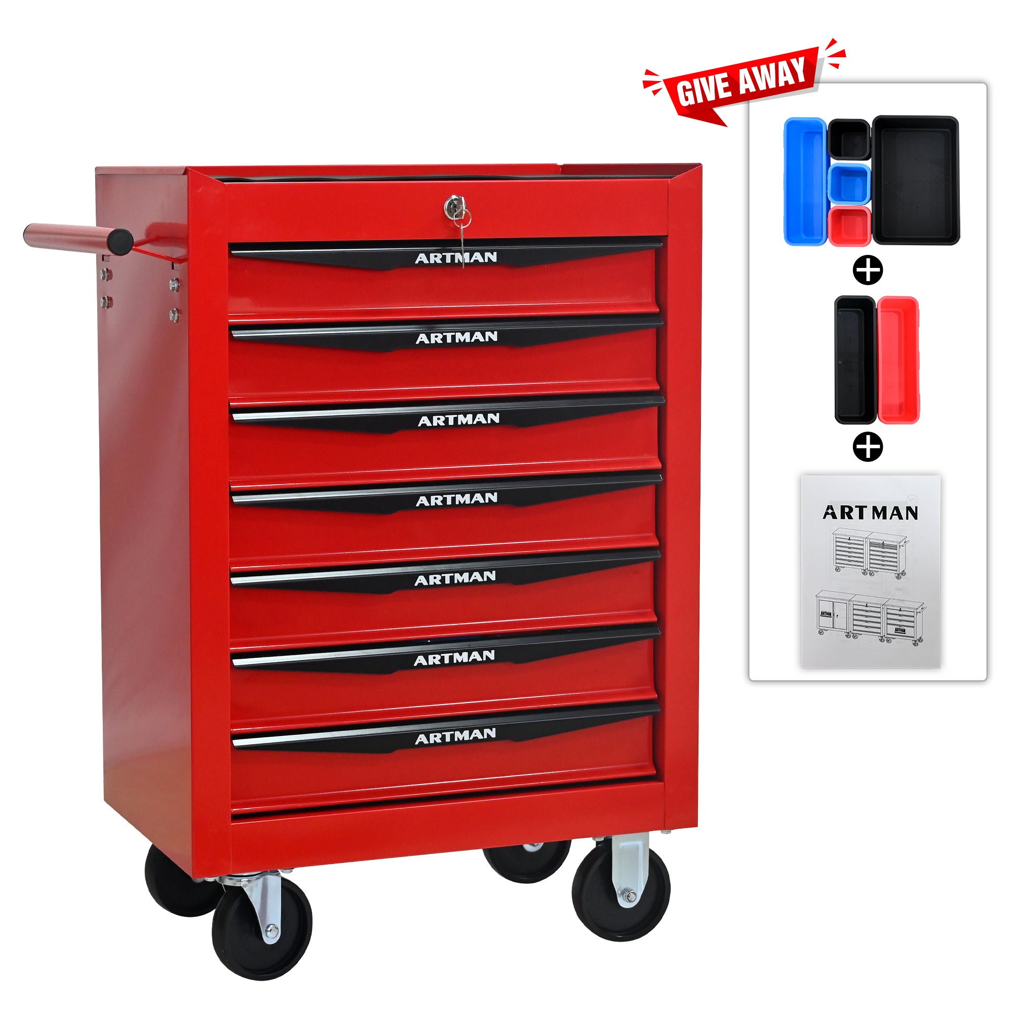 Coffre à outils roulant en métal à 7 tiroirs, armoire à outils pliable en 7 parties avec glissières à billes, organisateur d'outils en acier - 3