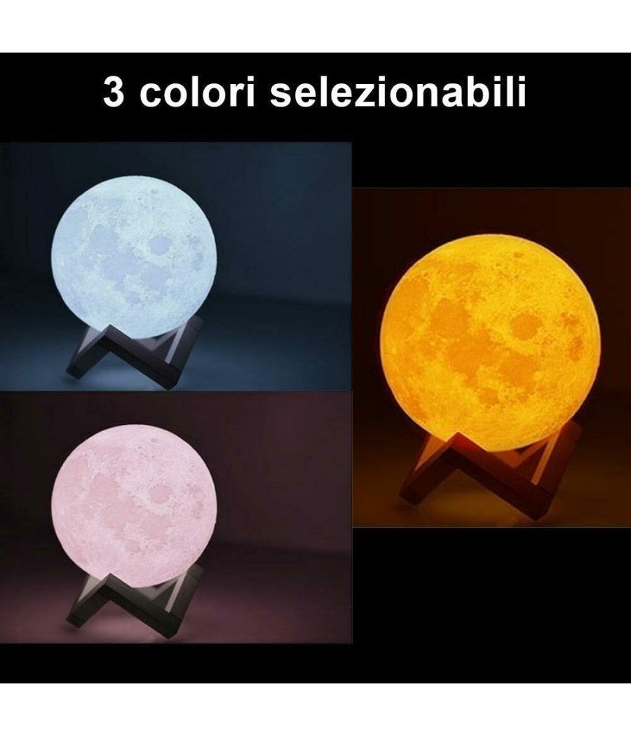 Trade Shop - Lampada Da Tavolo Luna 18cm Luce Led 3 Colori Moon Lamp A Batteria Con Supporto - - 3