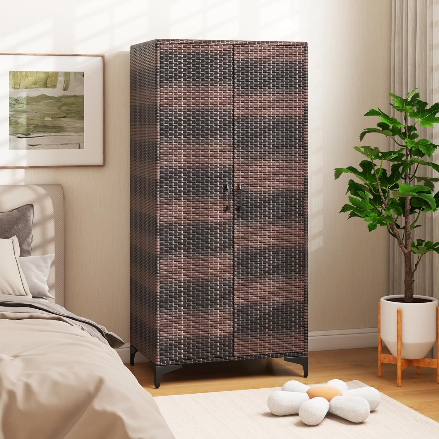 Armoire de Rangement, Armoire Intérieure en Osier PE, 4 Compartiments, Armoire Tringle Penderie, Armoire Extérieure,72 x 50 x 157 cm (Marron) - 9