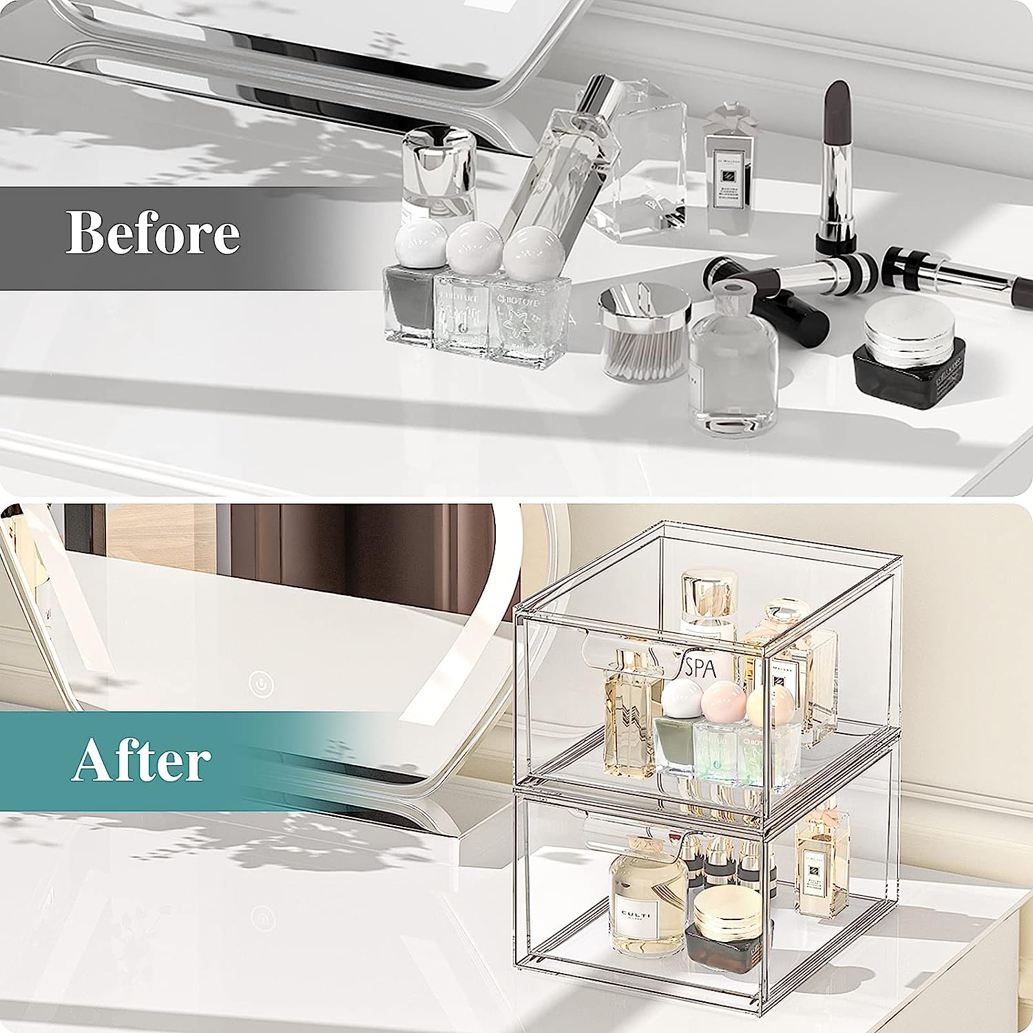Pack de 2 boîtes de maquillage empilables et rangements tiroirs de rangement en plastique transparent avec poignées pour vanité et armoires de cuisine - 2