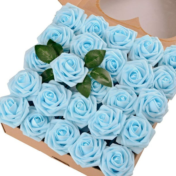 Zestaw 50 realistycznych sztucznych róż z łodygą do bukietów ślubnych, dekoracji stołu, aranżacji na przyjęcia, baby shower (50 niebieskich)