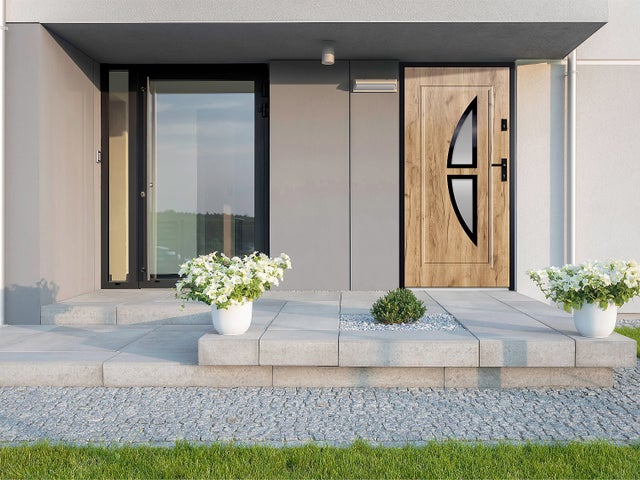 Porte d'entrée en acier vitrée et inox H207 x L100 cm effet chêne - épaisseur 55 mm - poussant gauche - COVAS