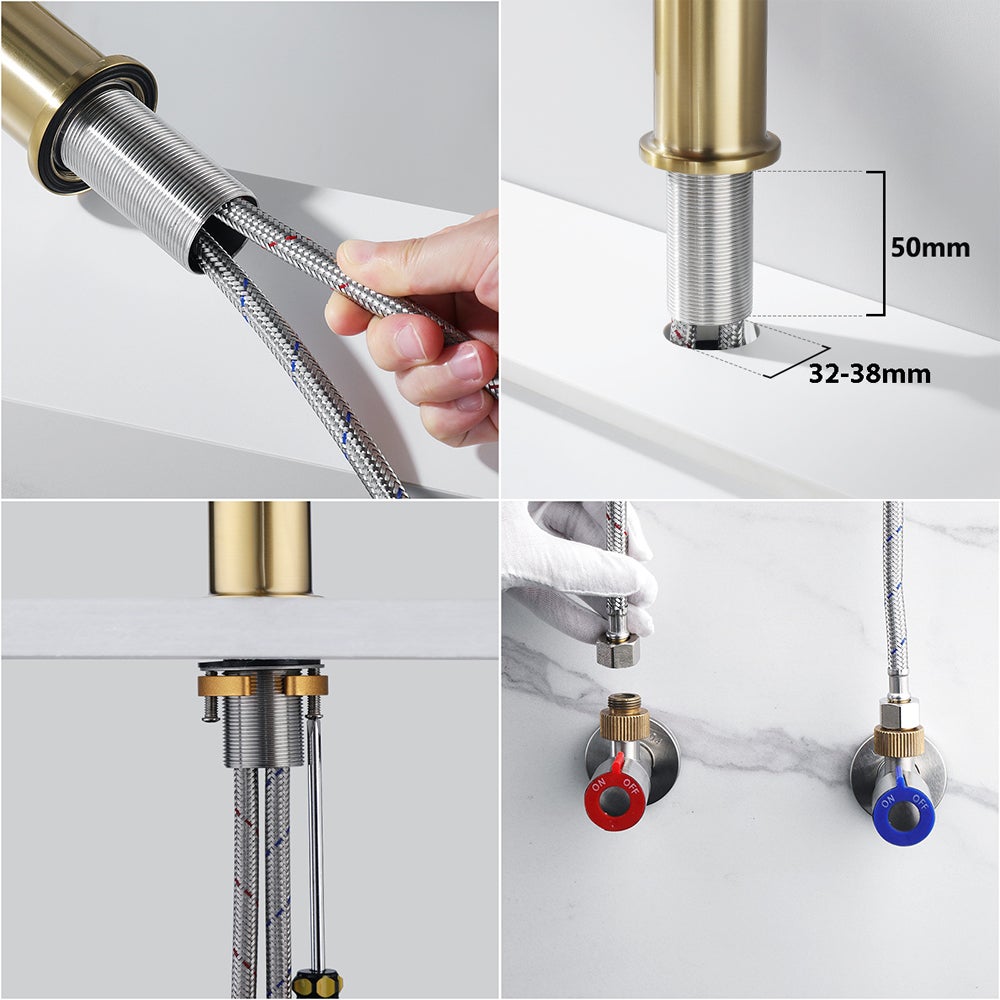 2pcs Mitigeur de Lavabo avec Bec Rotation 360°, Robinet à Eau Chaude et Froide Mitigeur de Salle de Bain inox Robinet doré - 9