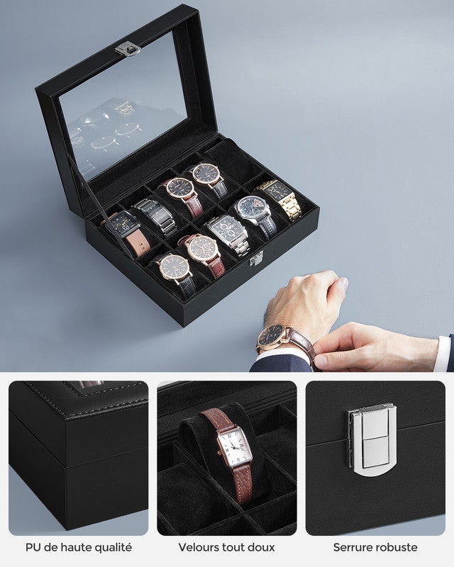 Boîte à Montres à 10 Emplacements, Écrin, Couvercle en Verre, Coussinets Amovibles, Serrure en Métal, Revêtement en Noir et Doublure en Noir - 6