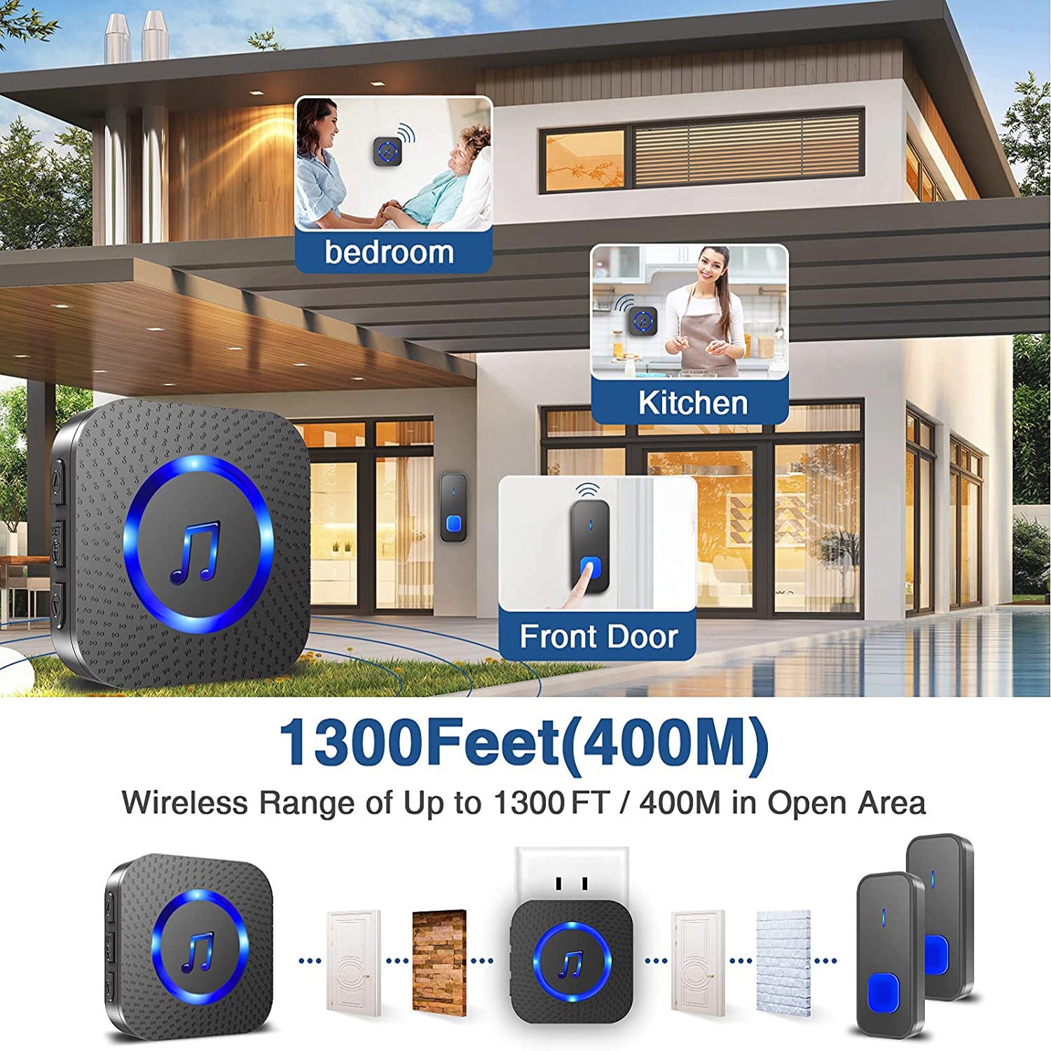 Campainha sem fio, alcance de 400 m, IP55 à prova d'água, 55 melodias, 5 níveis de volume, indicador LED, para casa (1 transmissor + 2 receptores) - 3