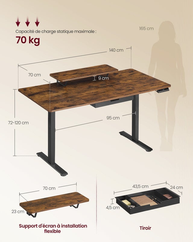 Bureau Électrique Réglable en Hauteur, 140 x 70 cm, Support d'Écran à Montage Flexible, Tiroir, Port USB-C, Rappel de Sédentarité, Marron Rustique - 5