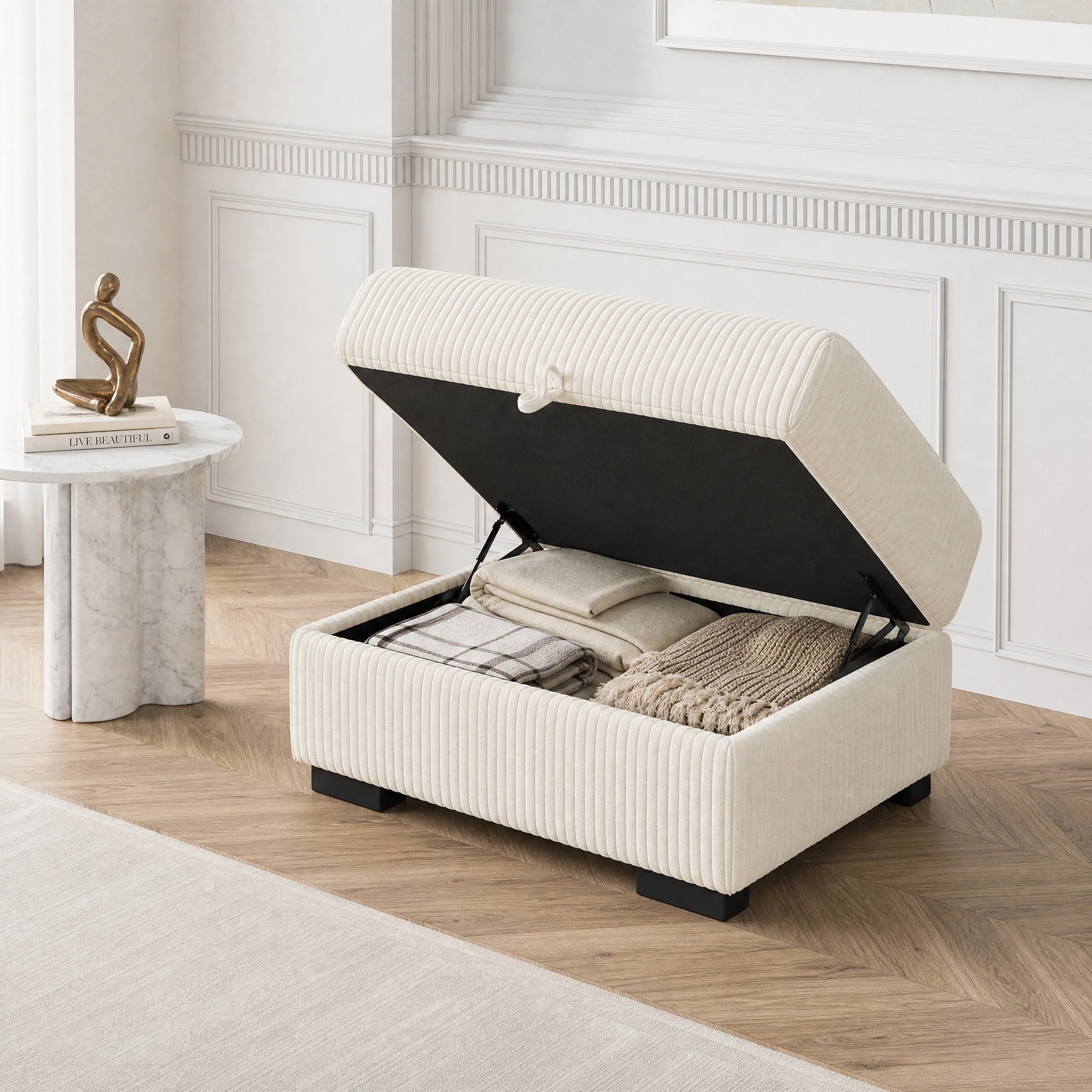 Repose-pieds rectangulaire 88 x 69 x 45 cm - Ottoman de salon modulable - Avec coffre de rangement intégré 88 x 69 x 45 cm - Velours côtelé - Beige - 6