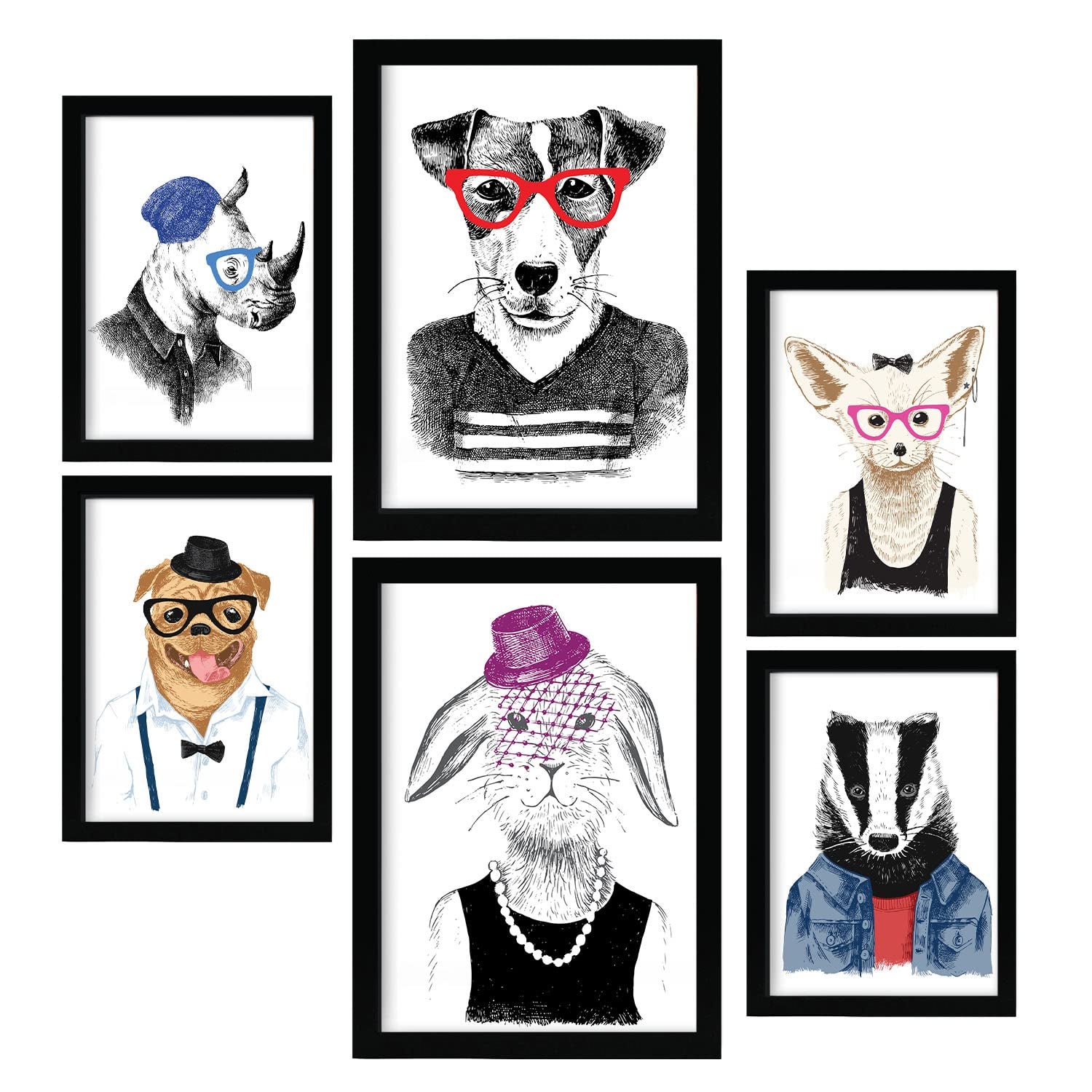 Nacnic posters de animales modernos en estilo colorido dibujado a mano ilustraciones de animales con ropa y fondo blanco a4 & a3 marco negro
