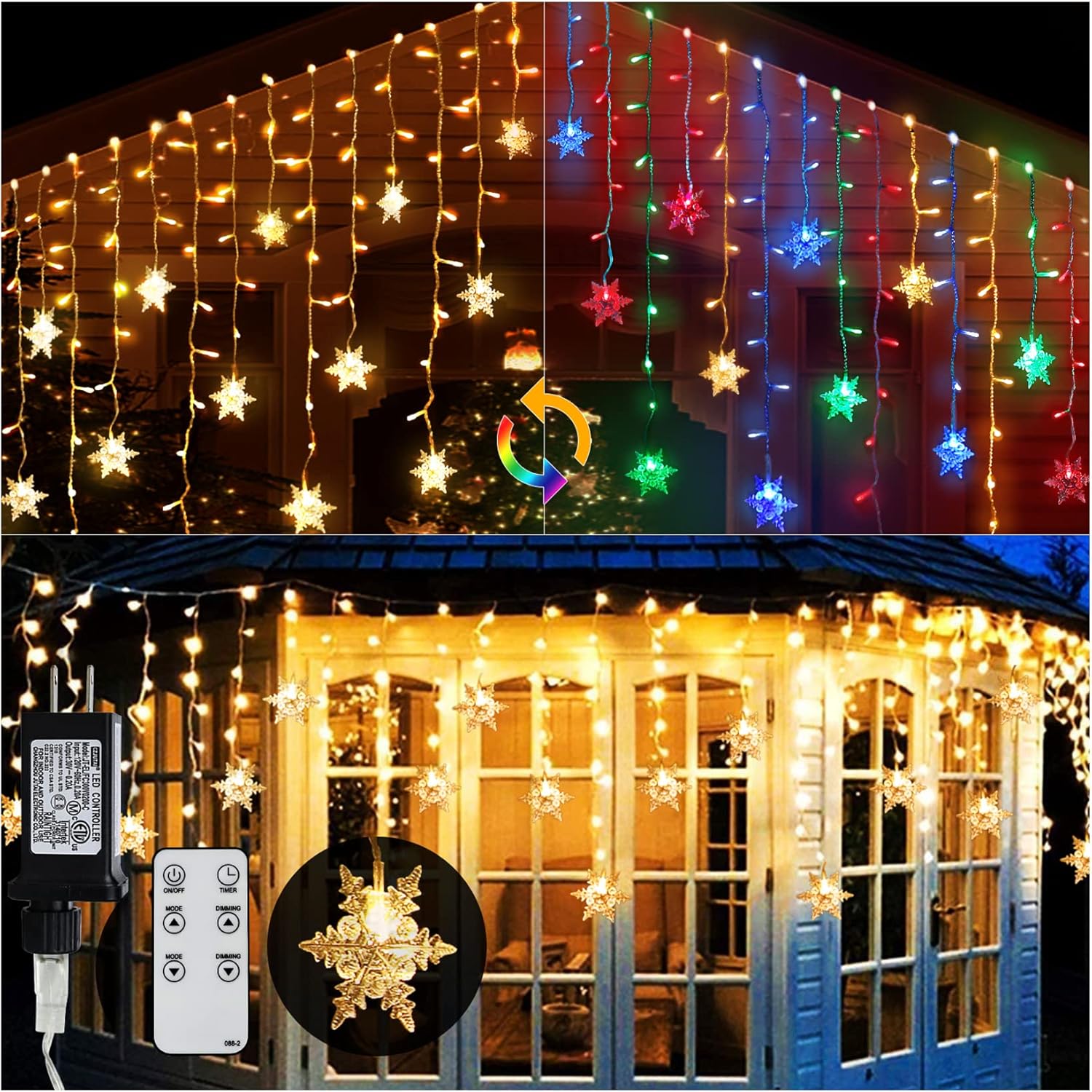 Guirlande lumineuse LED rideau, 9 m, 360 LED, étanche IP44, avec 8 modes d'éclairage, télécommande, décoration de Noël intérieure/extérieure - 8
