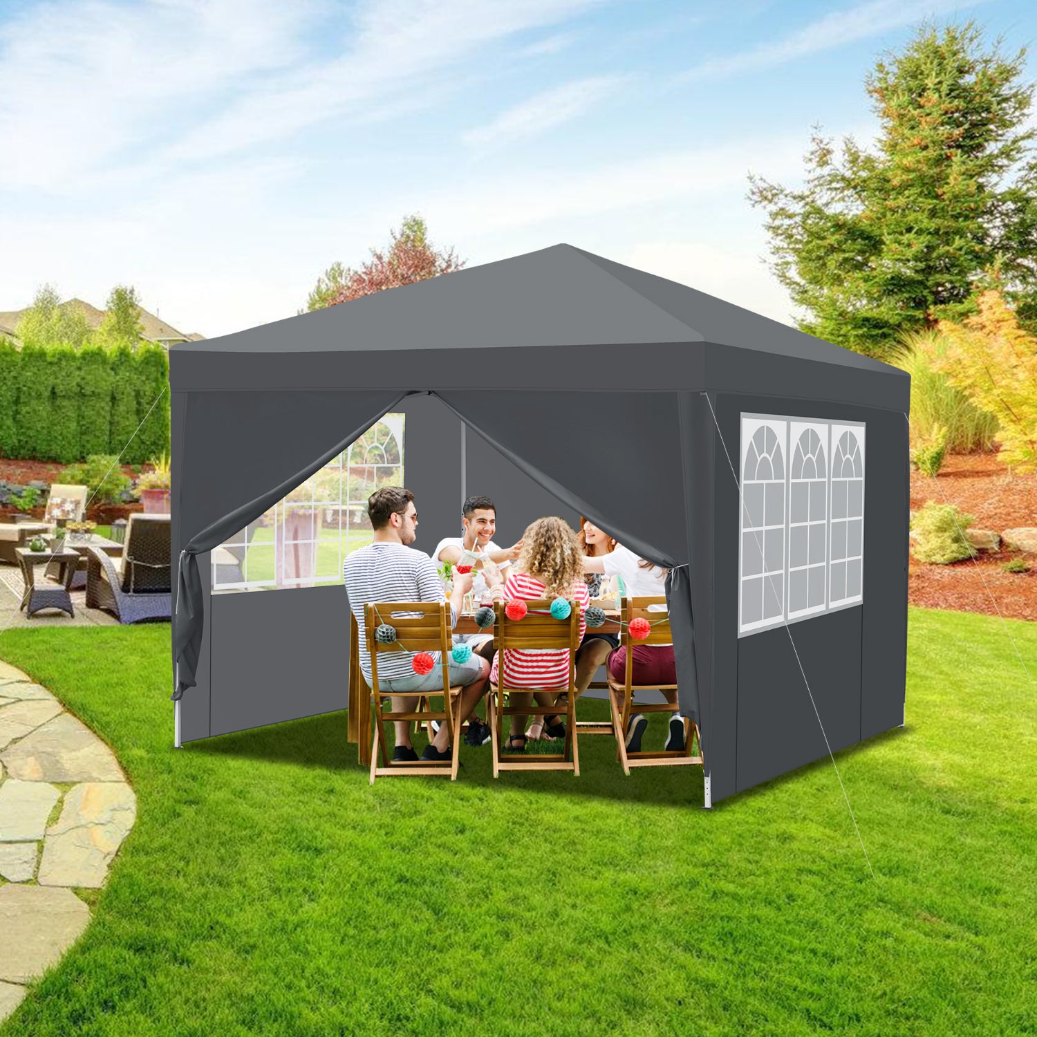 Tonnelle De Jardin 3x3m Pliable – Tente Réception Imperméable UV50+ Avec 4 Parois, Gris