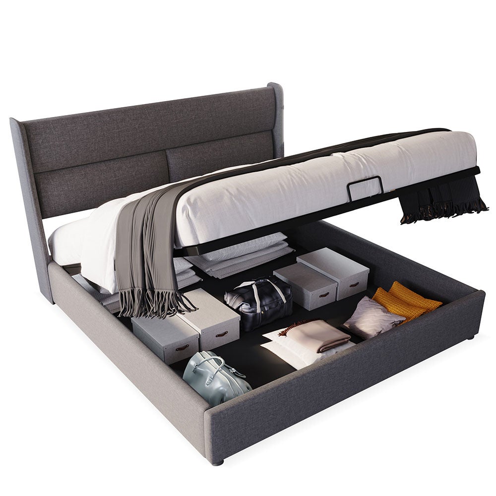 Lit coffre double avec appuie-tête réglable,Lit de rembourré Cadre de lit en lin Lit de jeune 140X200 avec sommier à lattes - 4