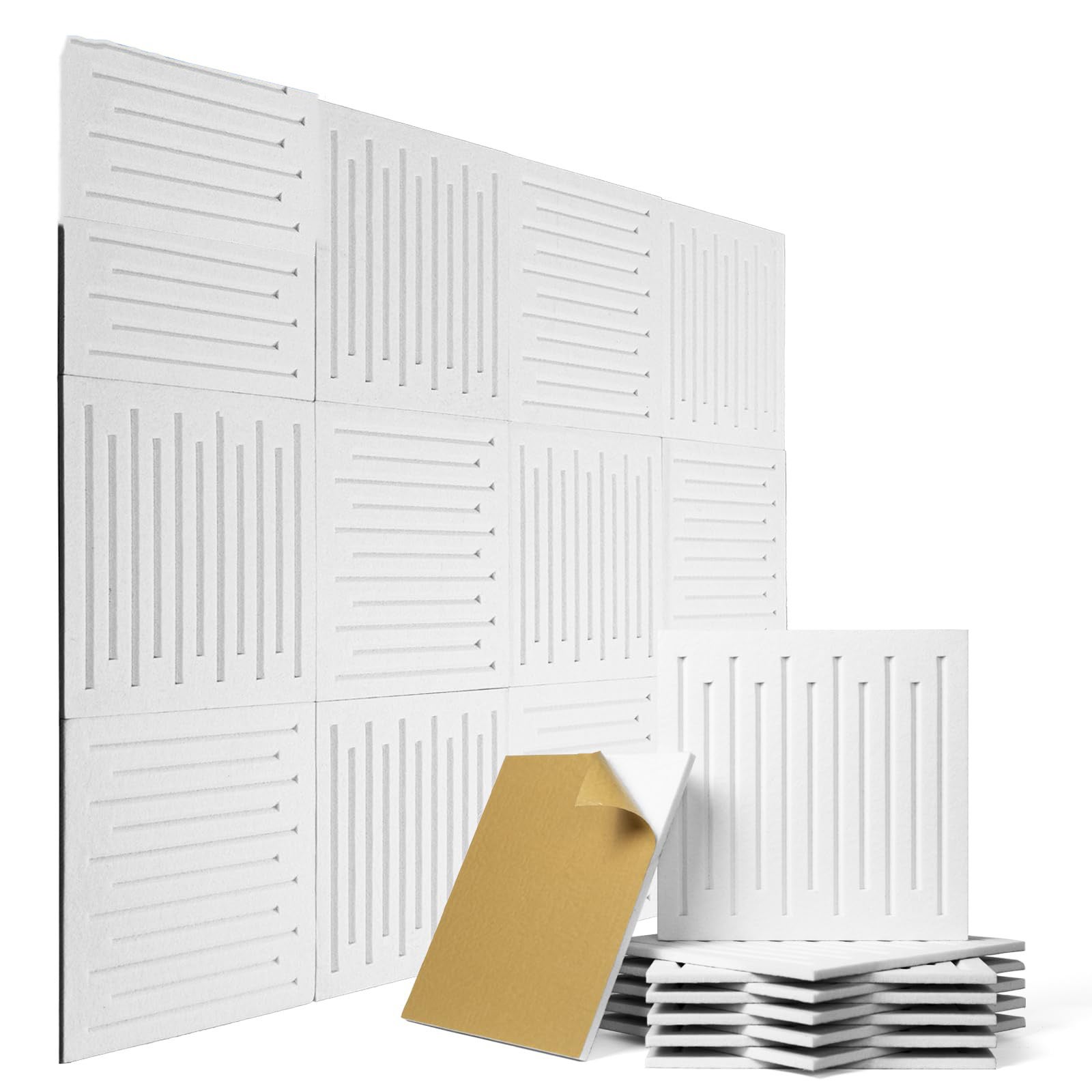 12pcs dźwiękochłonnych paneli ściennych, kwadratowe panele w paski, panele dźwiękochłonne o wysokiej gęstości, 30 cm x 30 cm x 9 mm, biały